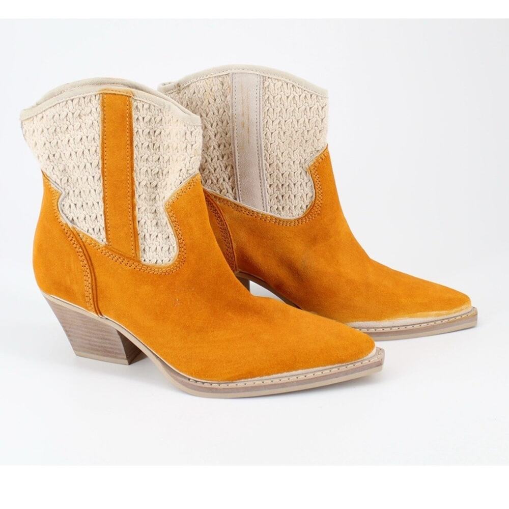 Dolce Vita Western Ankle Boots Womens 8 Orange Suede Crochet Pointed Toe